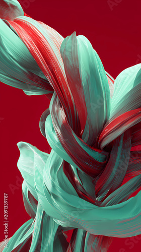 Abstract 3D ribbons in a liquid state, mint green and deep scarlet, high-impact visuals, Generative AI illustrations.