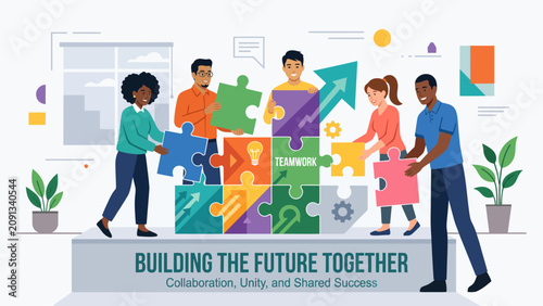 Obraz na plátne Modern business team assembling giant puzzle pieces to illustrate collaboration, leadership, innovation, strategic planning, teamwork, and long-term corporate growth