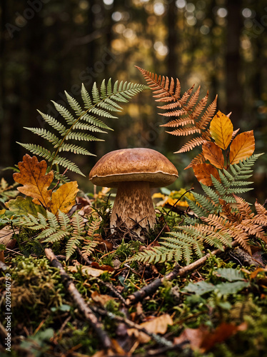King bolete mushroom growing on mossy autumn forest floor surrounded by colorful fern fronds and fallen leaves