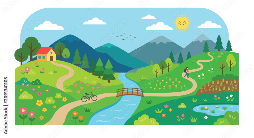Obraz premium Scenic landscape illustration with mountains river and outdoor activities