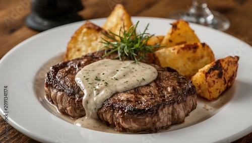 Delicious Steak With Creamy Sauce Served With Roasted Potatoes on a White Plate