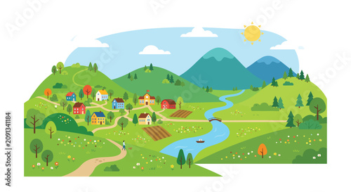 Rural landscape illustration with village river and mountains in a flat style