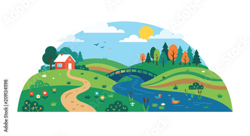 Scenic countryside landscape illustration with a river house and trees