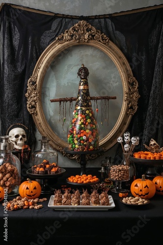 Halloween Display With Candies and Decorations in a Dark Room Near a Large Mi...