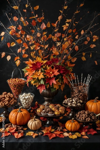 Fall Harvest Display With Pumpkins, Sweets, and Colorful Leaves on a Dark Bac...