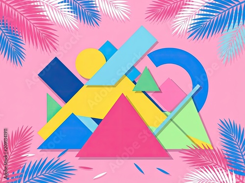 Vibrant 1980s retro wave composition with tropical foliage and geometric shapes