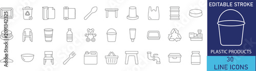 Vászonkép Plastic products manufacturing and recycling industry line icon set