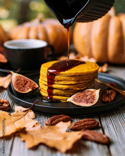 Pumpkin Pancakes With Syrup And Figs Rustic Autumn Breakfast