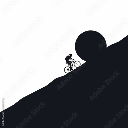 Cyclist struggling uphill against a massive rolling boulder, symbolizing challenge and perseverance.