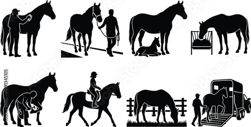Foto Collection of horse care and equestrian silhouettes featuring brushing farrier s