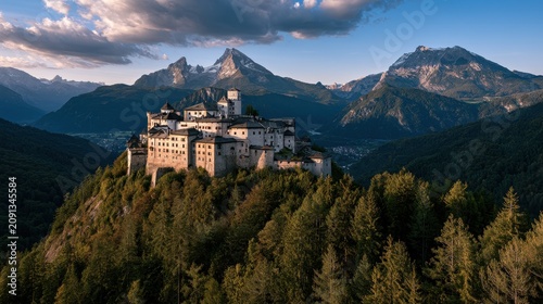 Hohenwerfen Castle perched on a forested hill in the Austrian Alps, dramatic medieval fortress against snow-capped peaks at golden hour