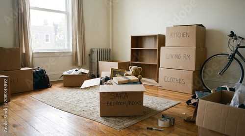 Moving Day! Packing Up and Relocating to a New Home with Cardboard Boxes and Household Items