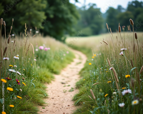 Chemin de terre bucolique serpentant à travers une prairie fleurie sauvage avec des herbes hautes et des fleurs colorées, paysage naturel paisible et serein en été