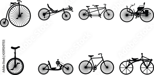 Canvastavla Set of black silhouettes of different vintage and modern bicycle types isolated