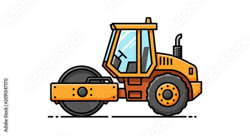 A yellow road roller with a large drum on a white background