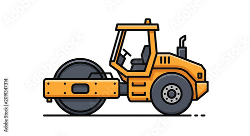 A yellow road roller with a large drum on a white background