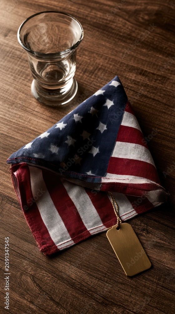 Obraz premium American flag napkin with tag and glass on wooden table, rustic dining setting