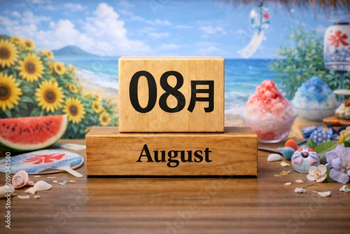 Obraz na płótnie 8月を示す木製カレンダーとスイカやかき氷など夏の風物が並ぶおしゃれな背景
