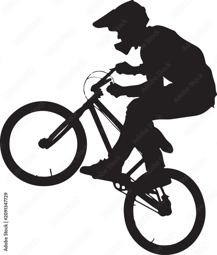Obraz premium Silhouette of a mountain biker performing a stunt jump on a bicycle, extreme sports concept, action shot of a cyclist in midair, dynamic pose for adventure and outdoor activities
