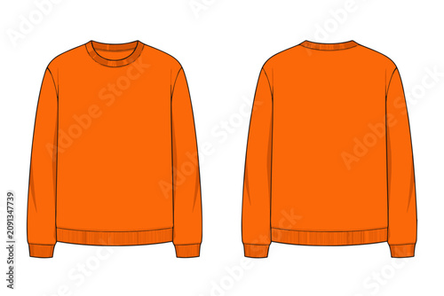 blank orange crewneck sweatshirt. Front and back views shown side by side. Clean minimalist flat design style with precise lines and ribbed cuffs, hem, and neckline. Isolated on white background.