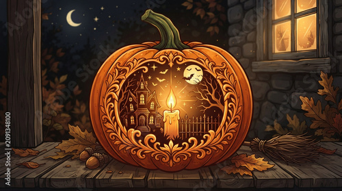 Intricate fantasy illustration of a carved pumpkin with a lit candle inside showing a spooky castle scene