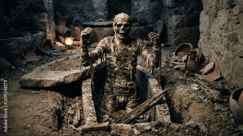 Ancient mummy rising from an open stone coffin in a dark spooky tomb, Halloween horror concept