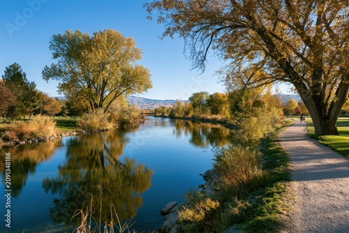 Idaho Fall River Scene: Boise River, Greenbelt Trees Turning Yellow