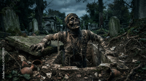 Ancient mummy rising from an open stone coffin in a dark spooky tomb, Halloween horror concept
