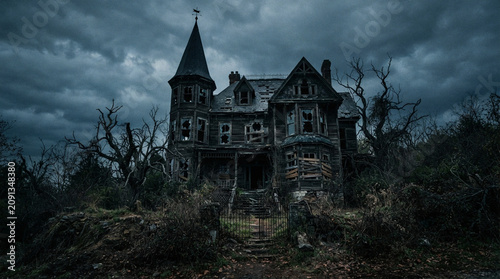 Creepy haunted house with a pointed tower and broken windows under a dark stormy sky, Halloween theme