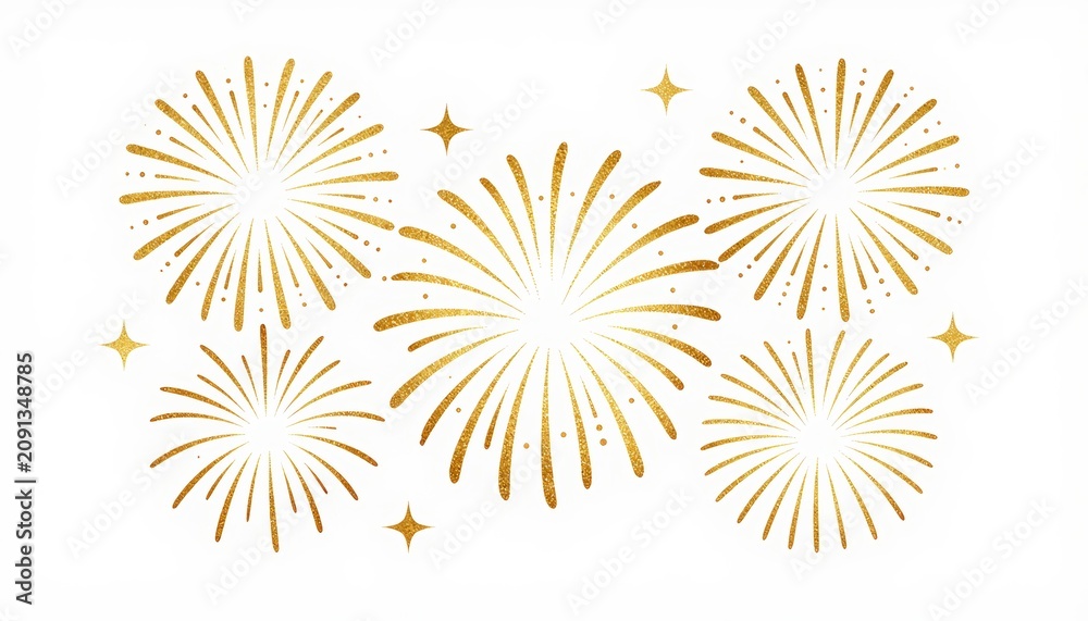 Obraz premium Bright gold firework bursts with sparkling stars on plain white