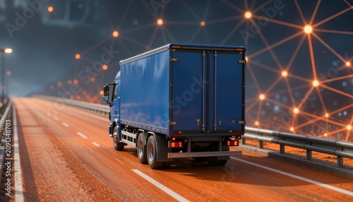 Blue truck travels on lit highway, glowing network lights behind