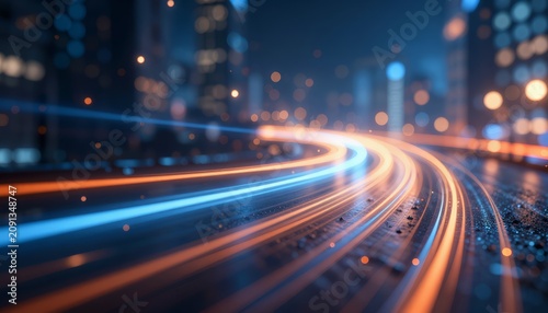 Blurred night cityscape with streaks of orange and blue car lights