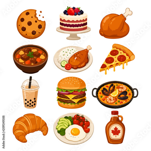 Cute Cartoon Food Icons Set with Pizza Burger Cake Cupcake Coffee Bread Sushi Cheese Sandwich Dessert and Sweet Drink Vector Illustration Collection for Restaurant Menu and Breakfast Design