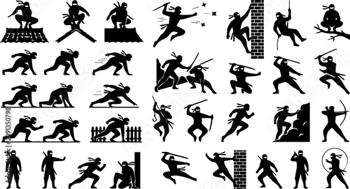 Fotografía Ninja Action Silhouette Set – Martial Arts, Sword Fight, Stealth Warrior, Japan