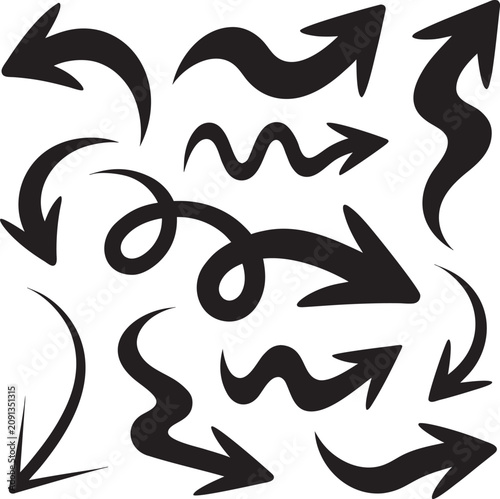 Black hand drawn curved arrows vector set, spiral and wavy pointing arrow signs isolated on white background