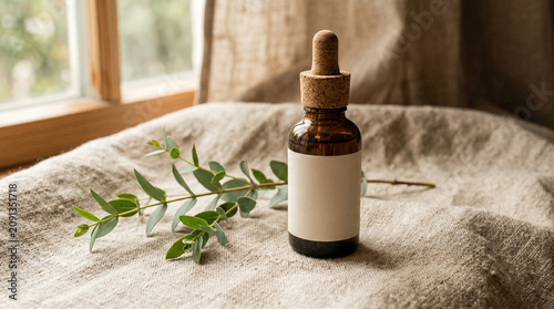 Minimalist cosmetic amber glass dropper bottle on textured linen fabric with eucalyptus branch, natural light editorial still life