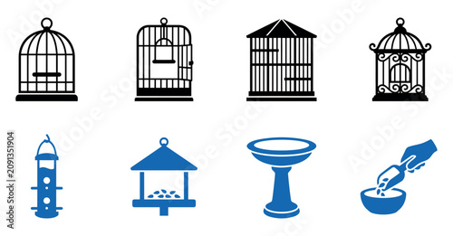 Cuadro en lienzo Set of bird cages and feeders icons for pet supplies or wildlife care illustrate