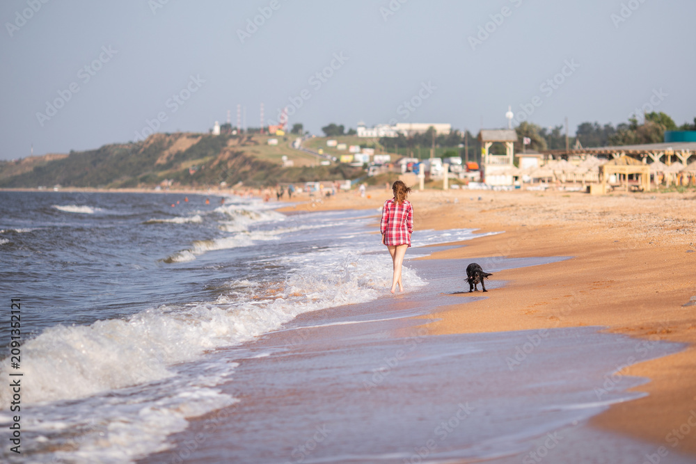 Obraz premium Girl walking with wet spaniel dog along summer sea beach.