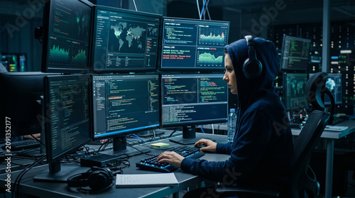 Cybersecurity Analyst Monitoring Network Activity on Multiple Screens