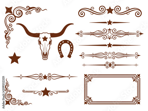 Western country elements set showcasing a rustic bull skull, cowboy horseshoe symbol, and ornate decorative filigree accents for southwestern graphic design