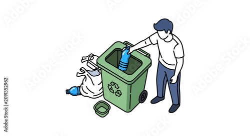 Man throwing plastic bottle into recycling bin.