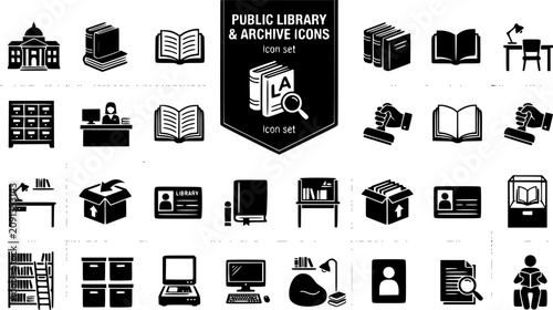 Public Library and Archive Silhouette Icon Set with Card Catalog, Bookshelf Ladder, Microfiche Reader and Rare Book Case, 20 Icons for Municipal Libraries and Archive Institutions, Flat Vector