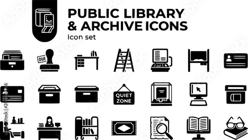 Public Library and Archive Silhouette Icon Set with Card Catalog, Bookshelf Ladder, Microfiche Reader and Rare Book Case, 20 Icons for Municipal Libraries and Archive Institutions, Flat Vector