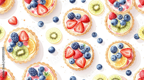Fruit Tarts Watercolor Repeat Pattern with Handmade Bakery Style