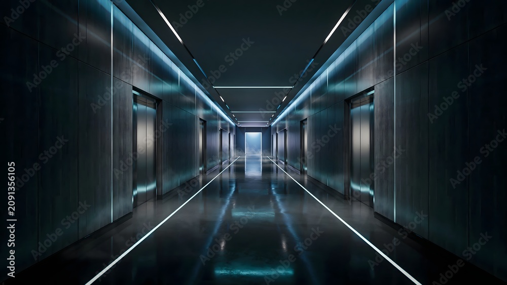 Fototapeta premium Luxury dark corridor with cyan neon light accents – Suitable for high-tech office concepts, luxury automotive branding, or web design.