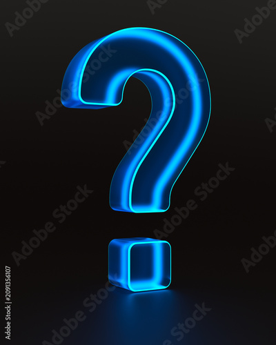 Neon glass question mark on dark background. 3D illustration