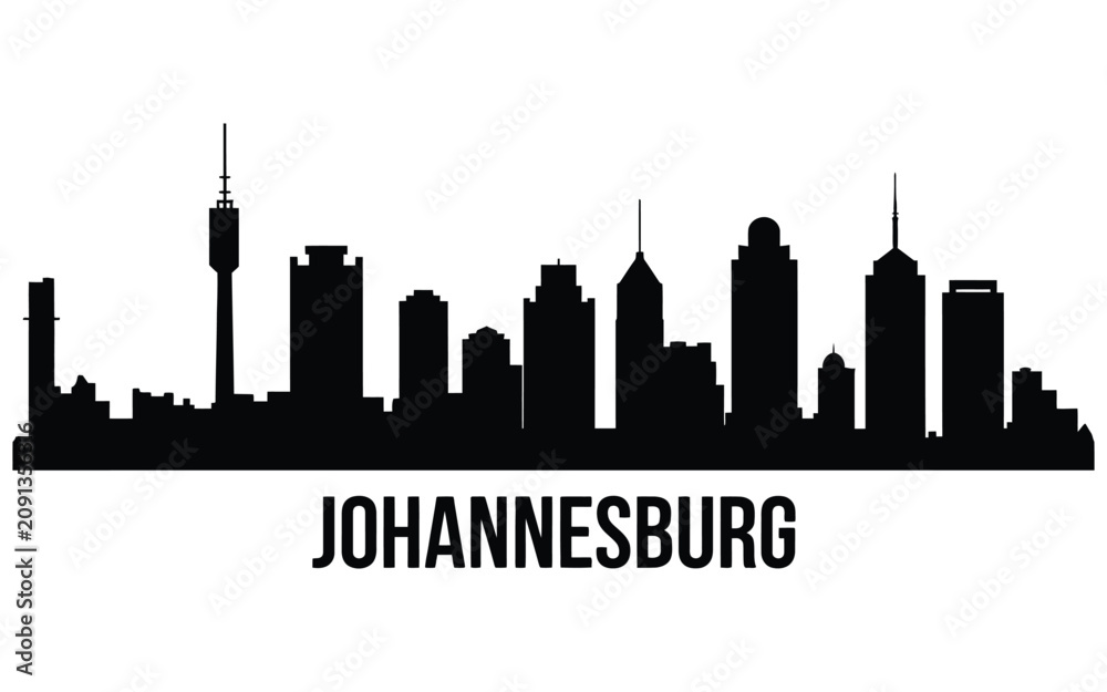 Fototapeta premium Johannesburg skyline silhouette graphic featuring the prominent cityscape architecture, skyscrapers, and bold city name text below for South African urban tourism branding