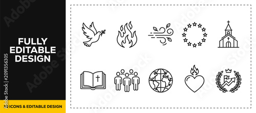 flat vector illustration line art icon bundle set design highlighting christian religion faith holy spirit doves burning hearts churches and catholic cross graphics web UI