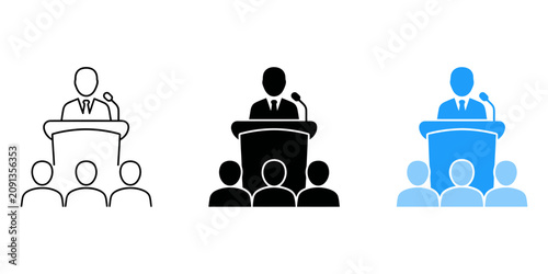 Картината върху платно Speaker at podium with microphone addressing an audience icon set public speakin