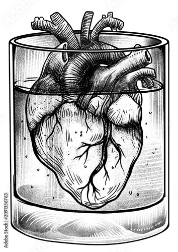 Quadro su tela Detailed Etching of a Human Heart Submerged within a Glass of Water, a Dark Surr